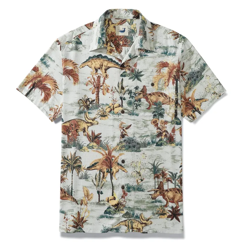 100% Silk Men's Dinosaur Shirts With Camp Collar Jurassic Dinos Park Luxurious - Silk Dinosaur Land(silk) sold by Yiume