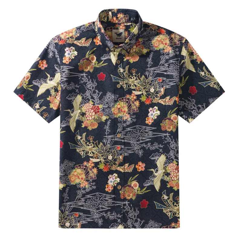 Cranes 100% Cotton Japanese Hawaiian Shirt Men's Short Sleeve Button-down Black Hawaiian Shirt Gratitude Of A Thousand Cranes sold by Yiume