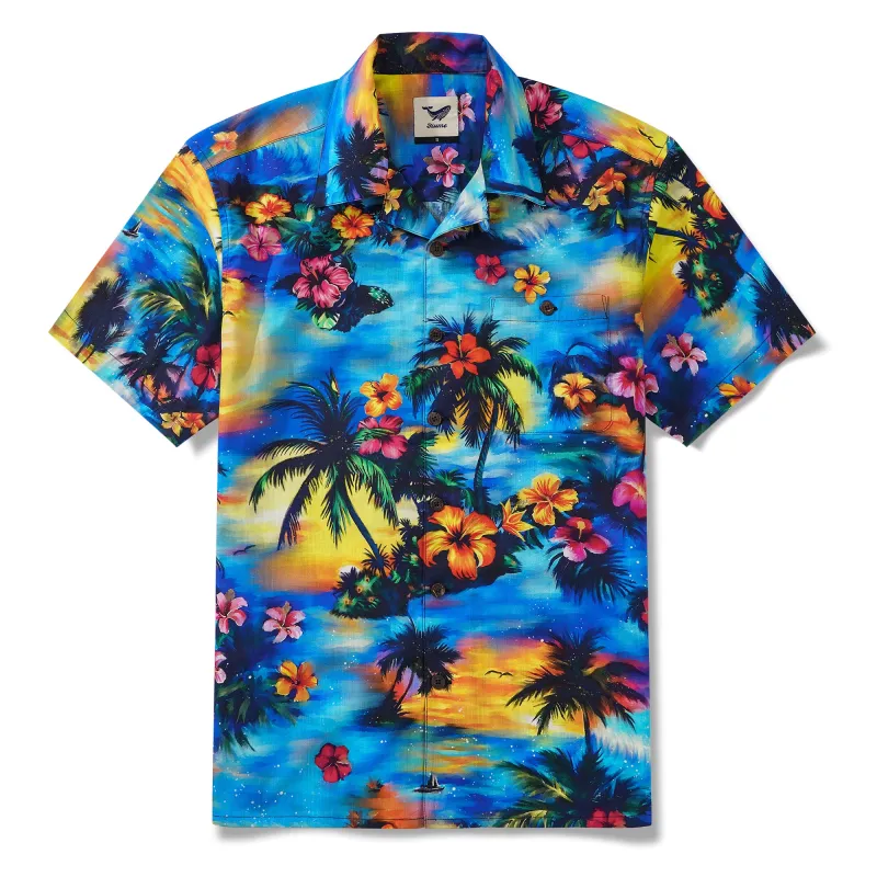 Tropical Hawaiian Shirt 100% Cotton Men's Short Sleeve Camp Collar Shirt Blue Aloha Shirt Tropical Elegance sold by Yiume