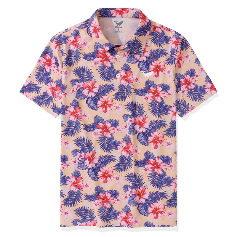 Men's Hawaiian Blooming Hibiscus Flower Print Short Sleeve Polo Shirt sold by Yiume