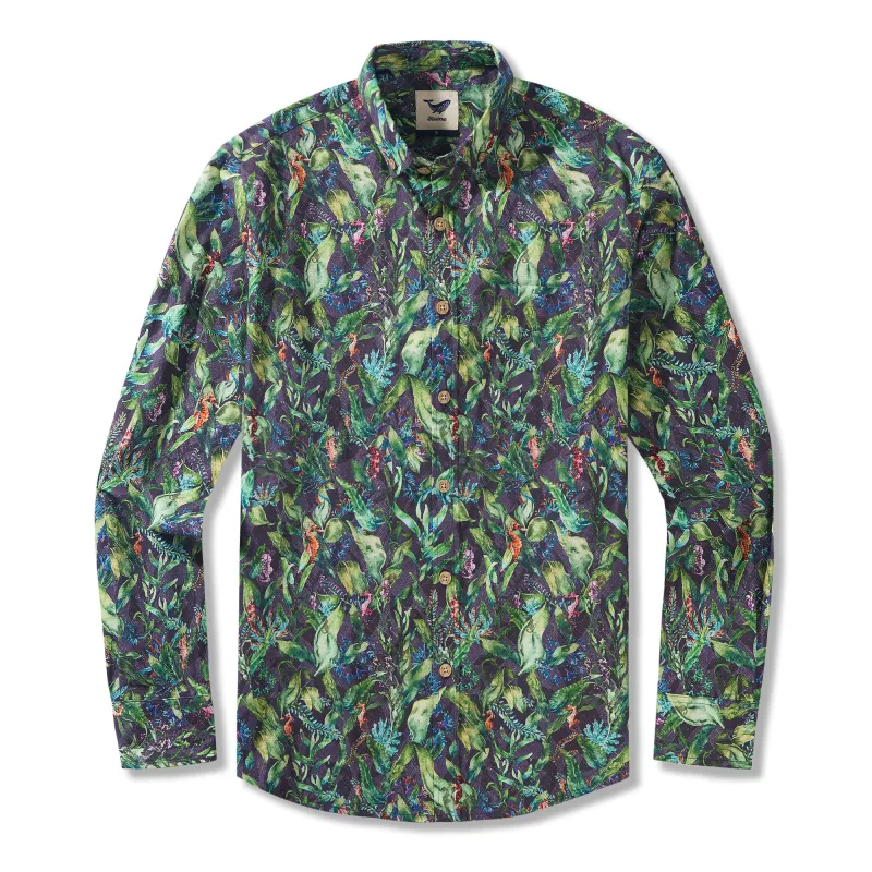 Seagrass and Seahorse 100% Cotton Men's Long Sleeve Button-down Shirt Green Aloha Hawaiian sold by Yiume