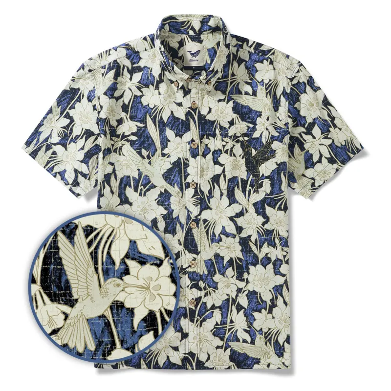 Men's 100% Cotton Shirt Short Sleeve Blue Button-down Hawaiian Shirt Hummingbird Spirit Aloha Shirt sold by Yiume