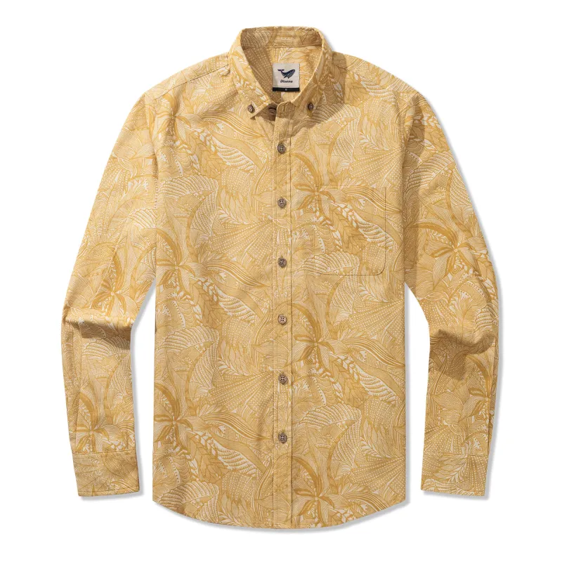Tropical Golden Feather Dream 100% Cotton Men's Long Sleeve Button-down Shirt Aloha Hawaiian sold by Yiume