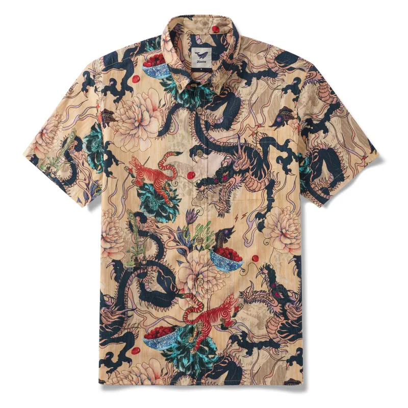 Dragon Shirt 100% Cotton Hawaiian Shirt Men's Short Sleeve Button-down Shirt Aloha Shirt Dragon Dance And Cherry Blossoms sold by Yiume