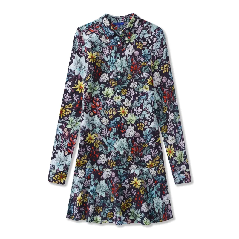 Women Dress Hawaiian Flowering Shrubs Ruffled Hem Long-Sleeve Shirt Dress sold by Yiume