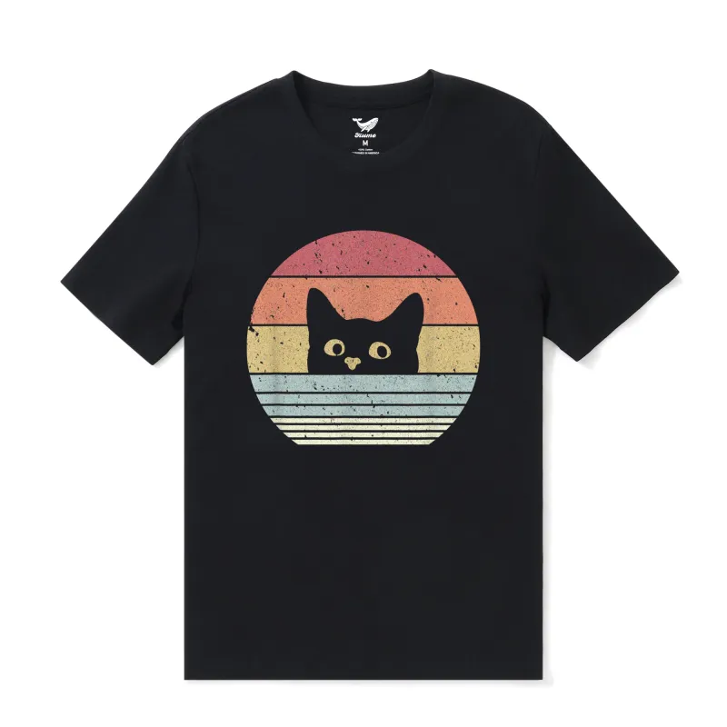 Hawaiian Tee For Men Retro Cute Cat Tee Crew Neck 100% Cotton - BLACK Retro Cute Cat - Black sold by Yiume