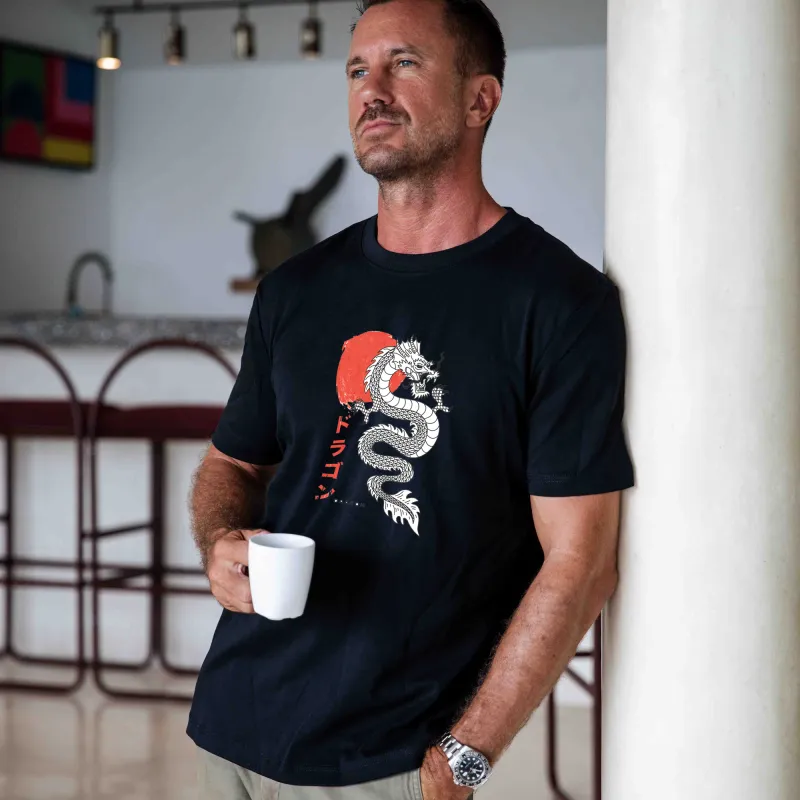 Hawaiian Tee For Men Dragon Dance Tee Crew Neck 100% Cotton - BLACK Dragon Dance - Black sold by Yiume