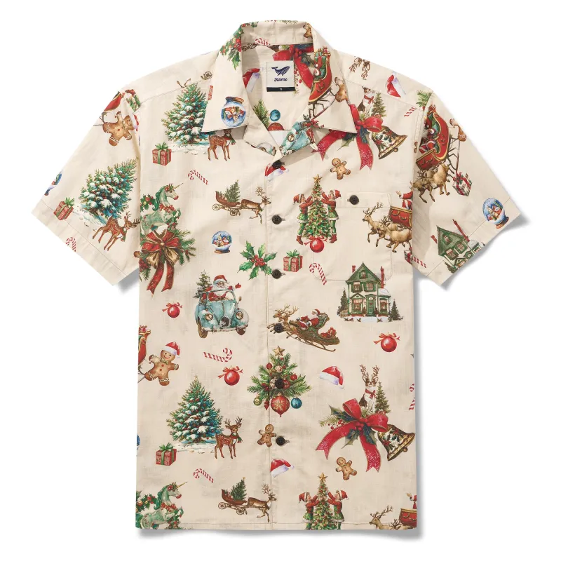Vintage Christmas 100% Cotton Men's Aloha Hawaiian Short Sleeve Camp Collar Shirt sold by Yiume