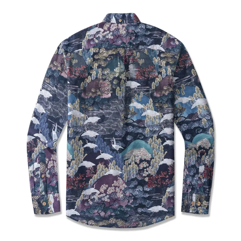 Dance of the Cranes 100% Cotton Men's Aloha Hawaiian Long Sleeve Button-down Shirt sold by Yiume