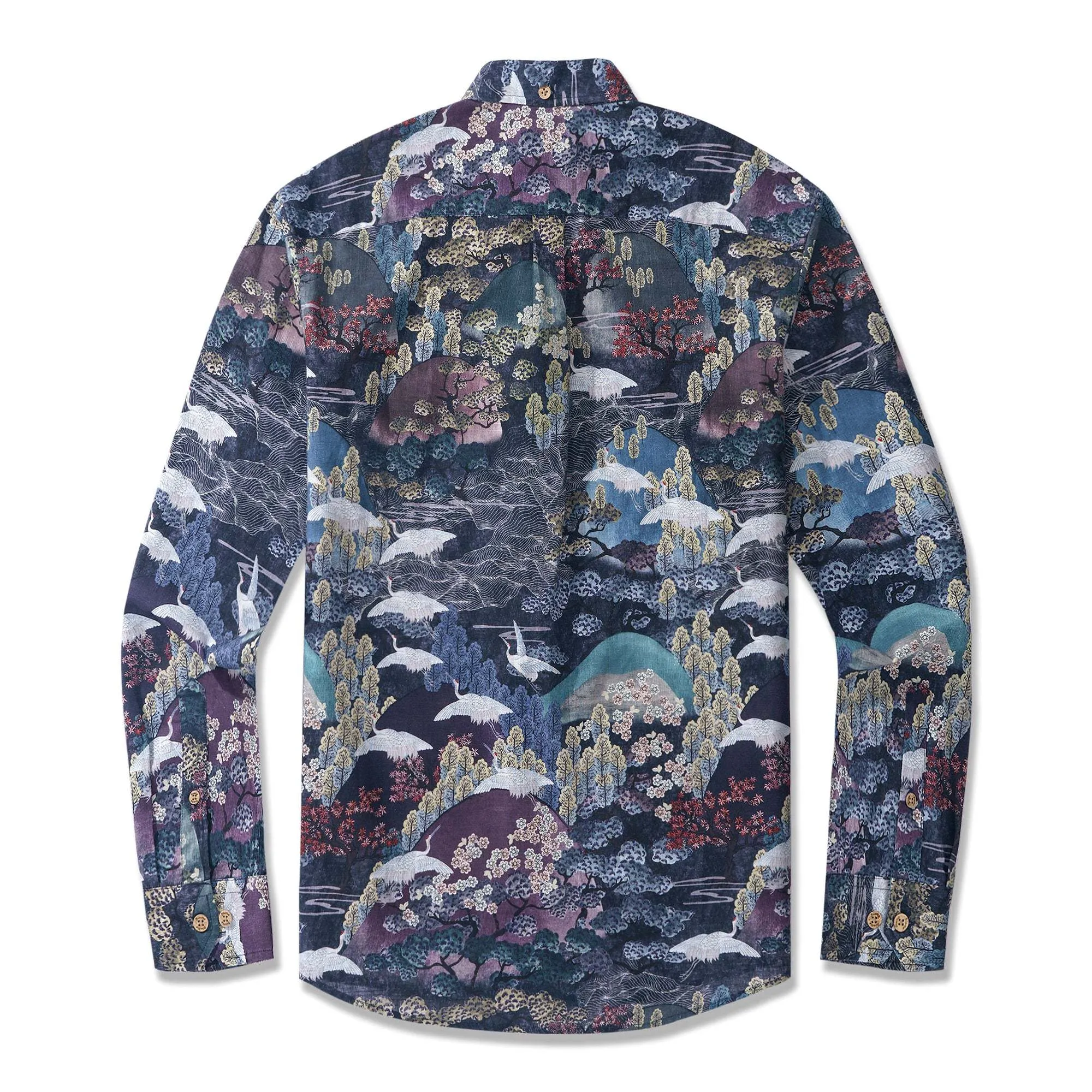 Dance of the Cranes 100% Cotton Men's Aloha Hawaiian Long Sleeve Button-down Shirt sold by Yiume