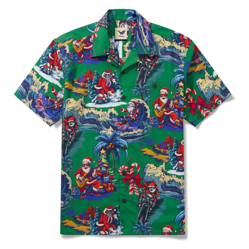 Christmas Santa Claus in Hawaii 100% Cotton Men's Aloha Hawaiian Short Sleeve Camp Collar Shirt sold by Yiume