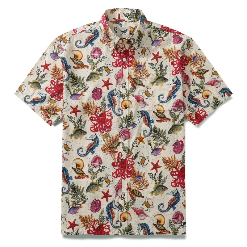 Men's Funky Hawaiian Shirt Marine Life Seahorse Octopus Print Button-down Tencel™ Marine Life (tencel™) sold by Yiume