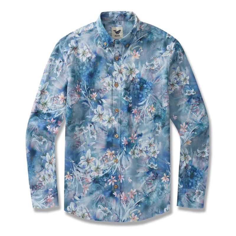 Cloud Floral Whispers 100% Cotton Men's Aloha Hawaiian Long Sleeve Button-down Shirt customized sold by Yiume