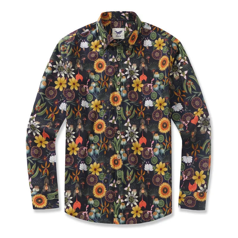 Long Sleeve Hawaiian Shirt For Men Sunflower Serenity 100% Cotton Button-down Aloha Shirt sold by Yiume