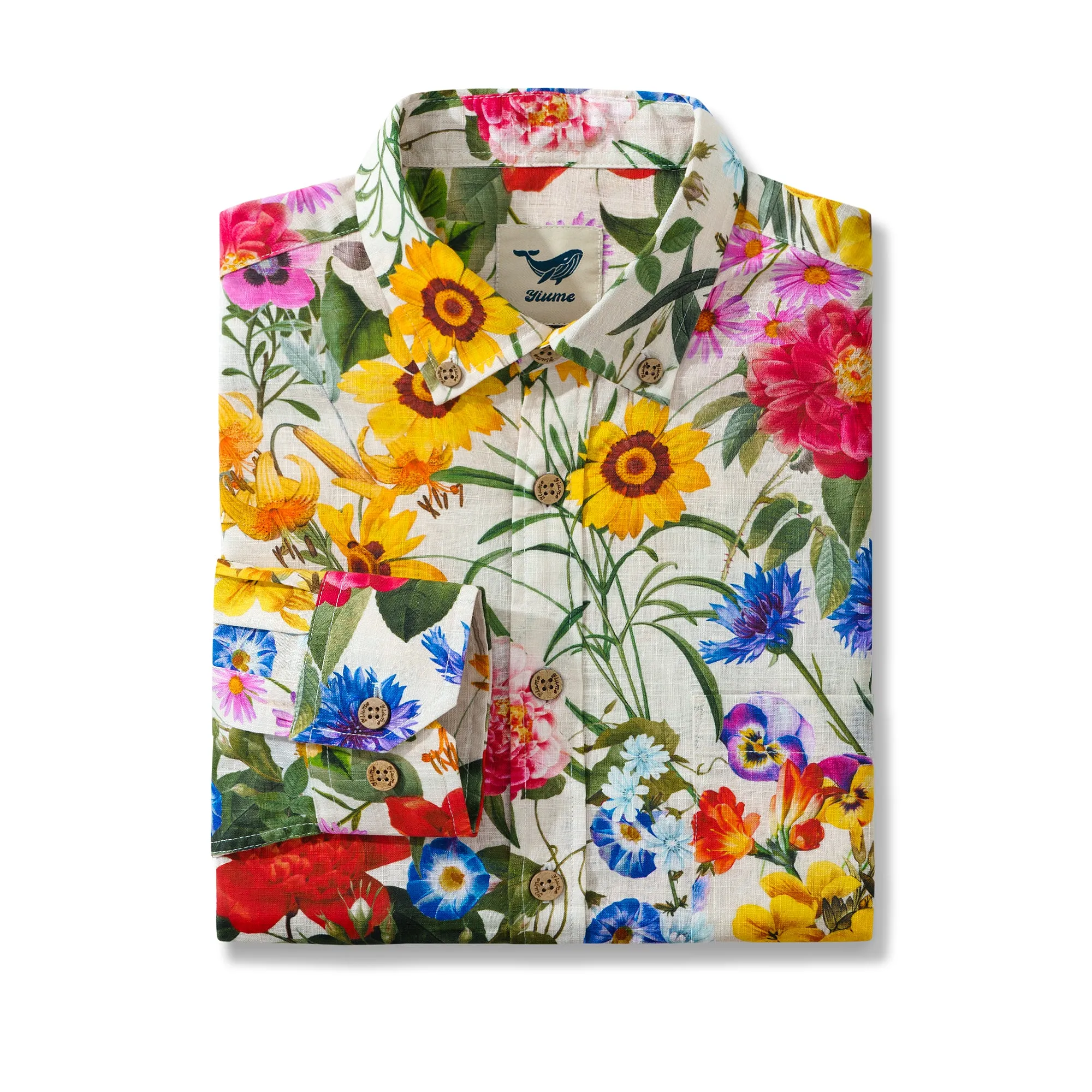 Long Sleeve Hawaiian Shirt For Men Sunlight Florals 100% Cotton Button-down Aloha Shirt sold by Yiume product image thumbnail 2