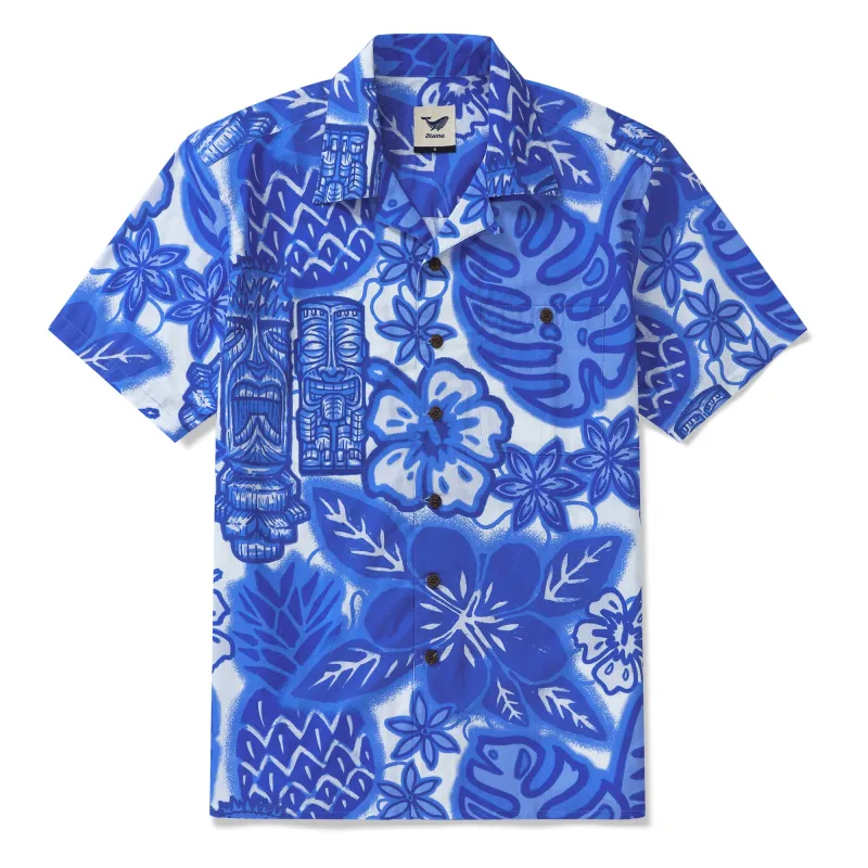100% Cotton Hawaiian Shirt For Men Blue Tiki Camp Collar Aloha Shirt sold by Yiume