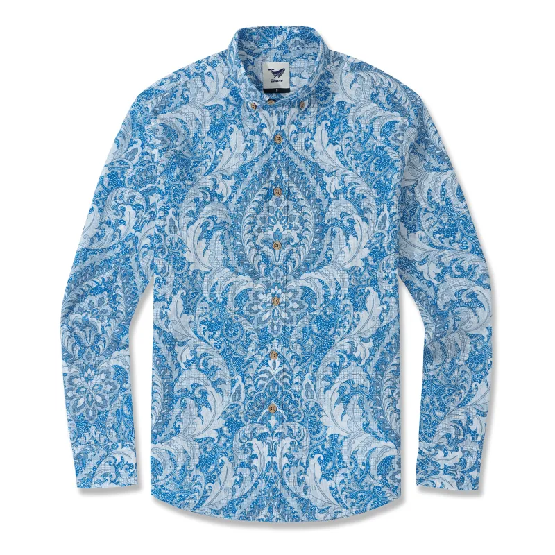 Long Sleeve Hawaiian Shirt For Men Cobalt Dream Cotton Button-down Aloha Shirt sold by Yiume