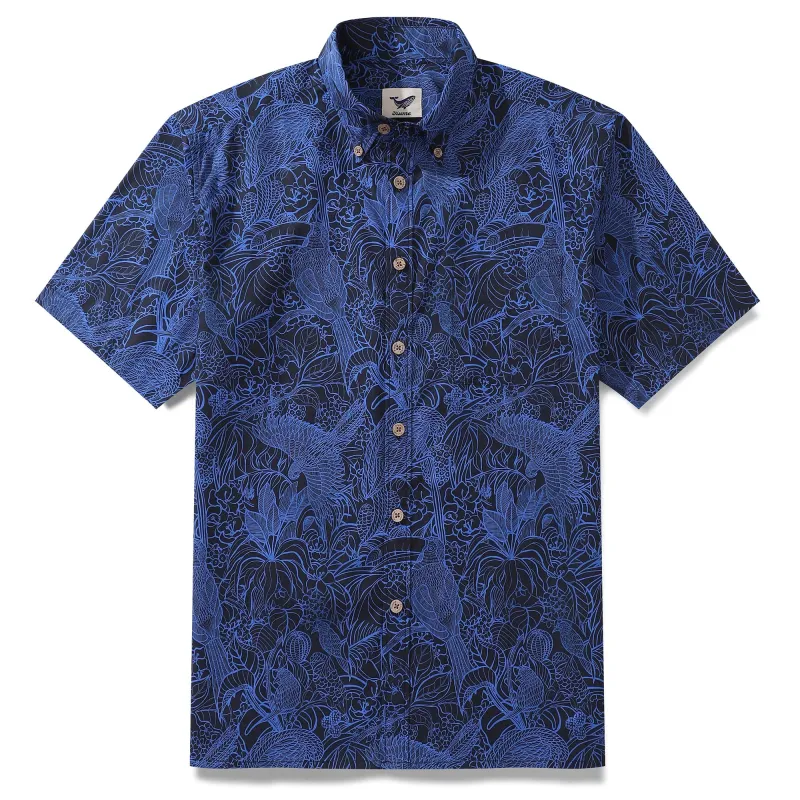 Dark Blue Tropical Hawaiian Shirt For Men Short Sleeve Button-down Shirt 100% Cotton Shirt sold by Yiume