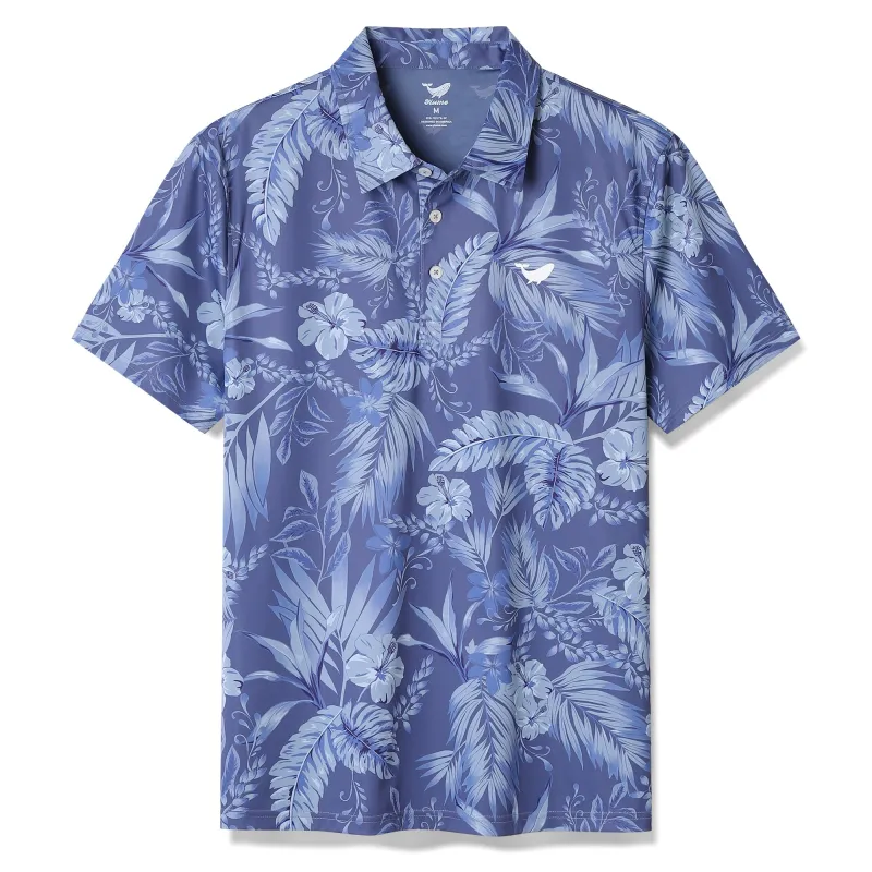 Men's Hawaiian Tropical Blue Bush Print Short Sleeve Polo Shirt Tropical Blue Bush Polo sold by Yiume