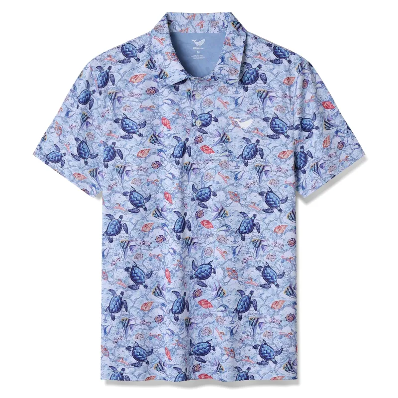 Men's Hawaiian A Sea Turtle's Odyssey Print Short Sleeve Polo Shirt A Sea Turtle's Odyssey Polo sold by Yiume