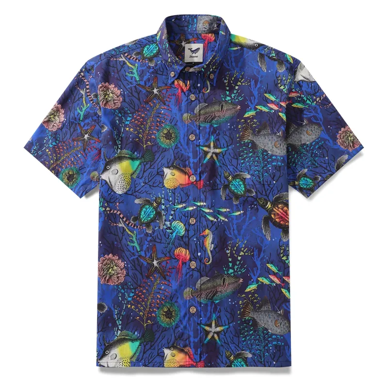 Deep Blue Hawaiian Shirt For Men Underwater World Short Sleeve Button-down Cotton Shirt sold by Yiume