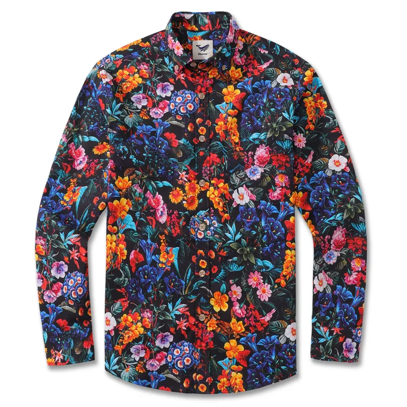 Long Sleeve Hawaiian Shirt For Men Colorful Garden Cotton Button-down Aloha Shirt sold by Yiume