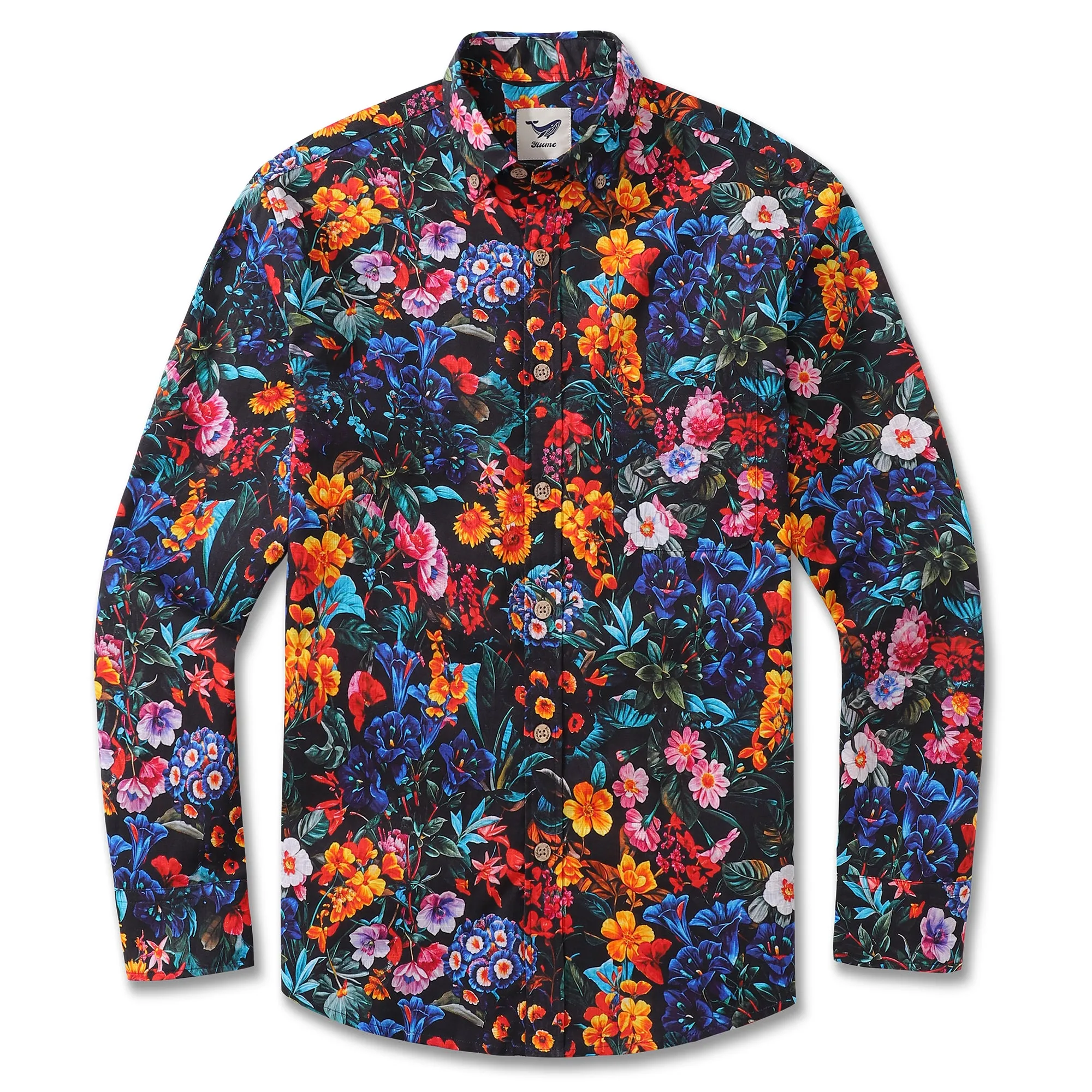Long Sleeve Hawaiian Shirt For Men Colorful Garden Cotton Button-down Aloha Shirt sold by Yiume