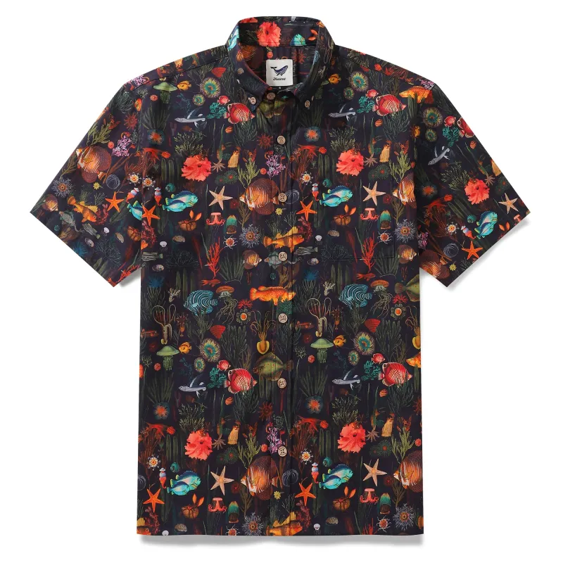 Black Hawaiian Shirt For Men Button-down Fish Shirt Short Sleeve 100% Cotton Shirt Marine Ecosystem sold by Yiume