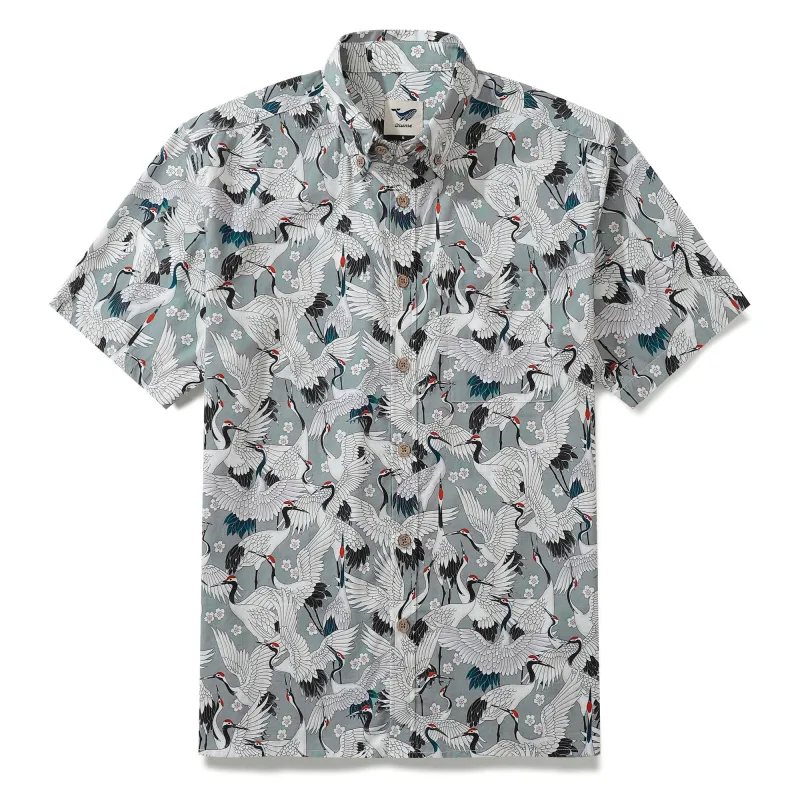 Men's Hawaiian Shirt Short Sleeve Button-down 100% Cotton Gray Aloha The Feast Of Cranes sold by Yiume