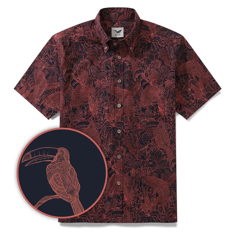Men's Breathable Shirt Red Hawaiian Shirt Birds Print 100% Cotton Short Sleeve Button-down Shirt sold by Yiume