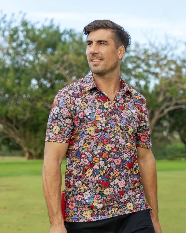 Men's Hawaiian Polo Shirt Among the Flowers Print Short Sleeve Golf Shirt Among The Flowers Polo sold by Yiume