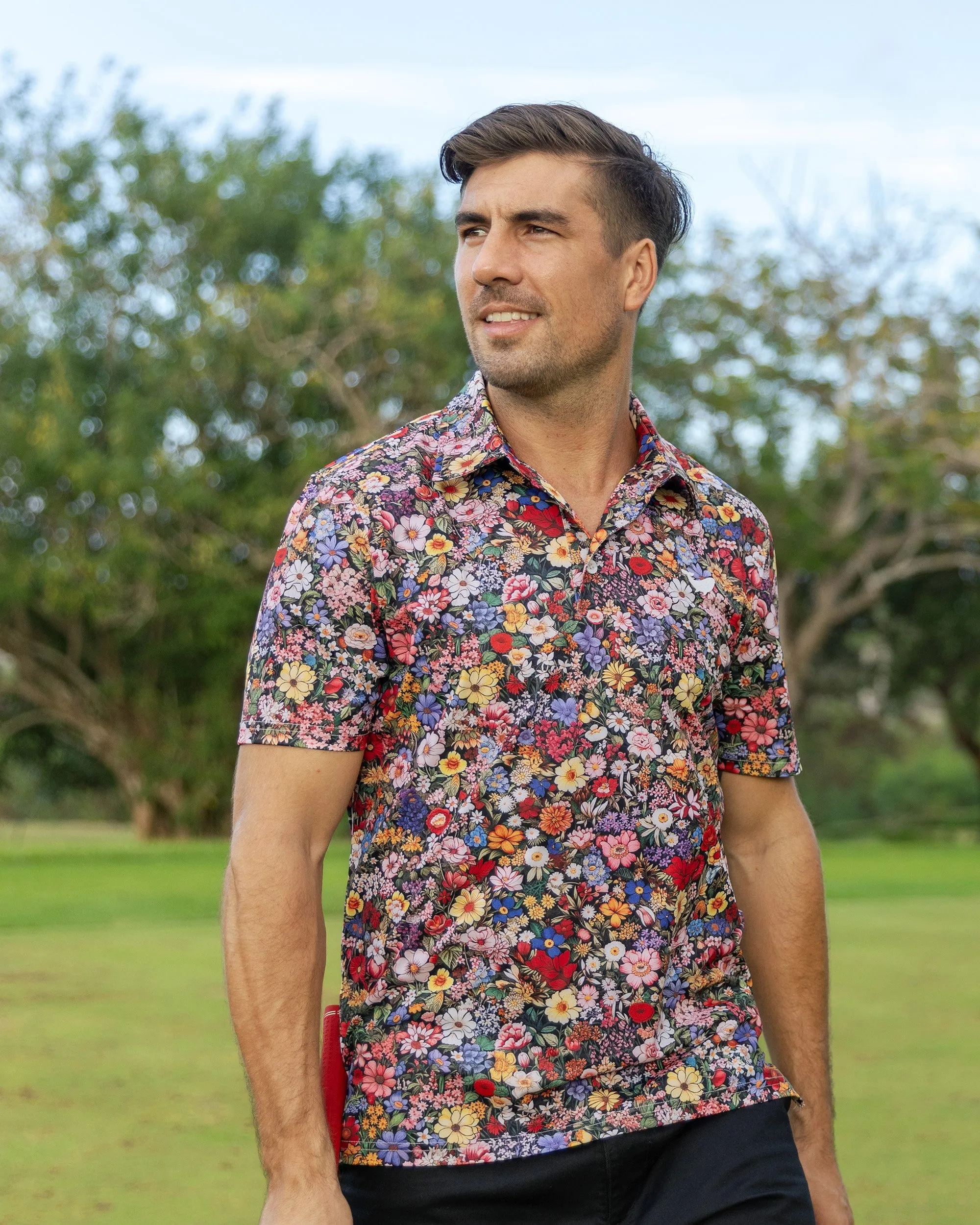 Men's Hawaiian Polo Shirt Among the Flowers Print Short Sleeve Golf Shirt Among The Flowers Polo sold by Yiume