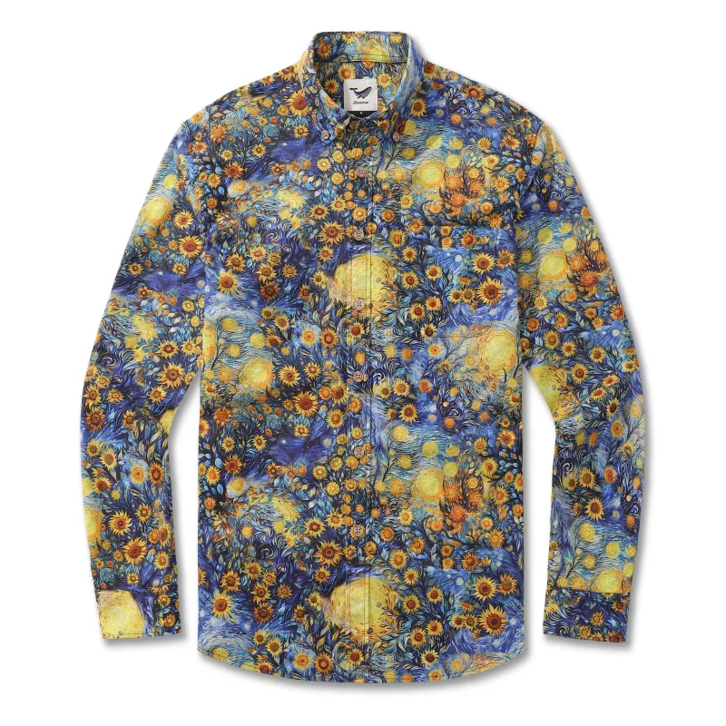 Long Sleeve Hawaiian Shirt For Men Van Gogh Sunflower Cotton Button-down Aloha Shirt sold by Yiume