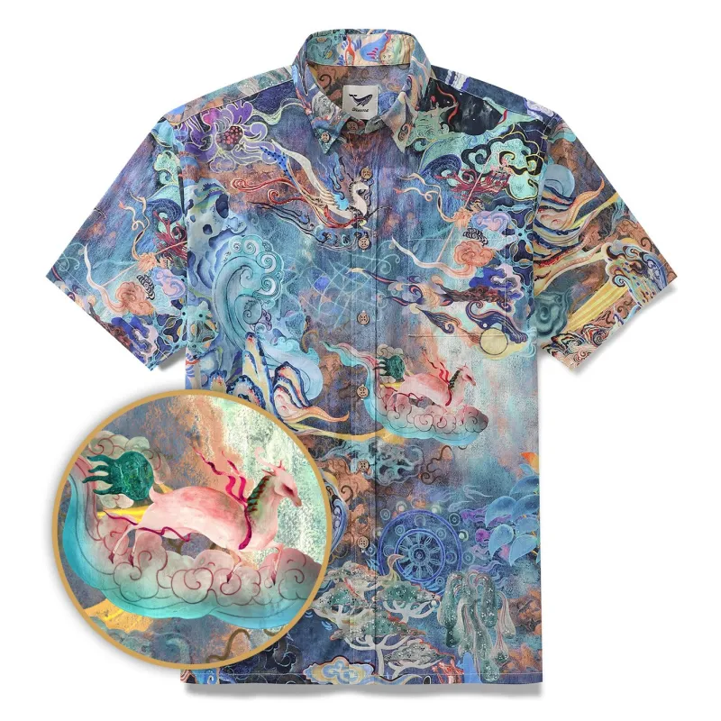 Cotton Hawaiian Shirt For Men Dreamland Art Button-down Short Sleeve Shirt sold by Yiume