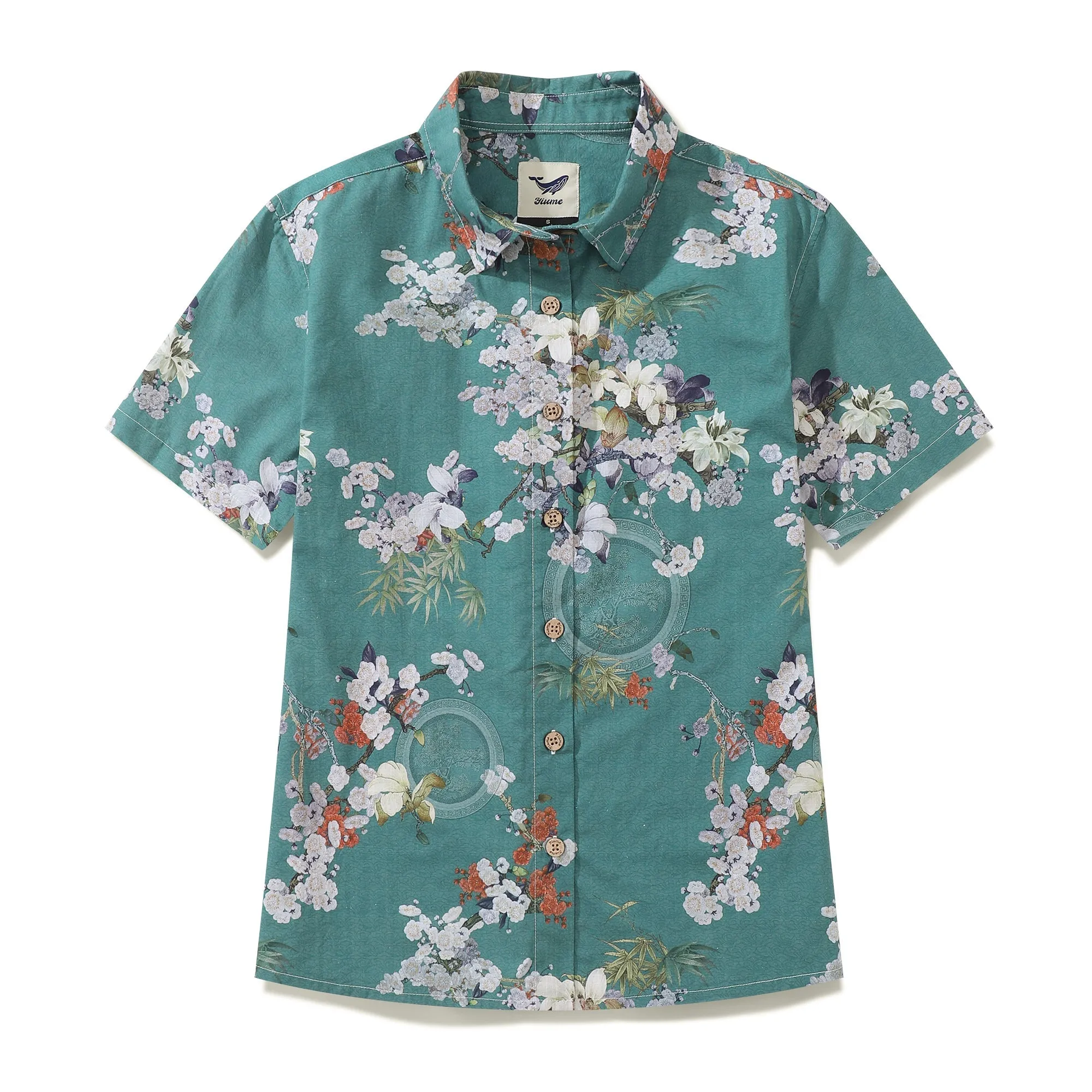 Women's Hawaiian Shirt Short Sleeve Button-up Flowers Print Cotton Shirt Elegant Plum Fragrance sold by Yiume