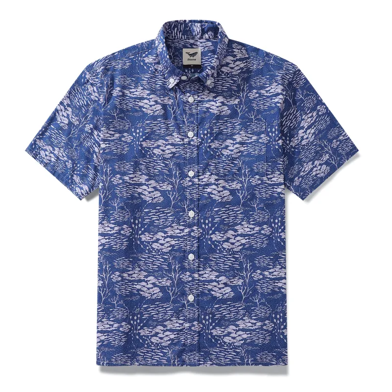 Blue Hawaiian Shirt For Men Shoal Fish Shirt Cotton Button-down Short Sleeve Aloha Shirt Shoal Layered By Katie O'shea Design sold by Yiume