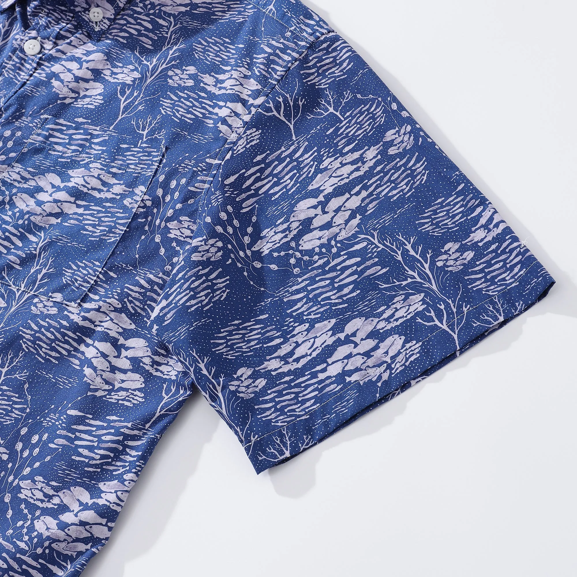 Blue Hawaiian Shirt For Men Shoal Fish Shirt Cotton Button-down Short Sleeve Aloha Shirt Shoal Layered By Katie O'shea Design sold by Yiume product image thumbnail 4