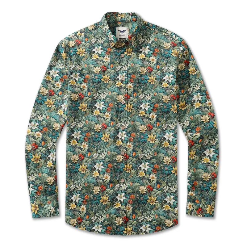 Men's Hawaiian Shirt Jungle Adventure Print Cotton Button-down Long Sleeve Aloha Shirt sold by Yiume