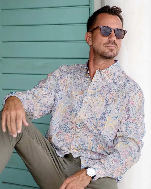 Men's Hawaiian Shirt Tropical Palm Tree Print Cotton Button-down Long Sleeve Aloha Shirt Jungle Long Sleeve Shirt sold by Yiume