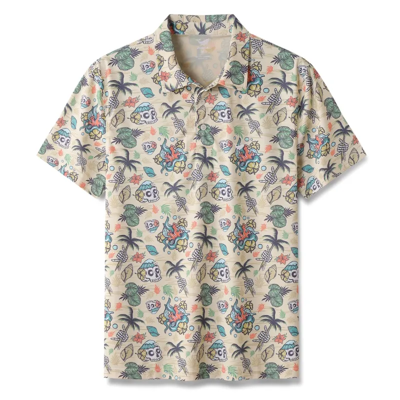 Men's Hawaiian Polo Shirt Tropical Wilderness Skull 1990s Vintage Short Sleeve Polo Shirt Tropical Wilderness Skull By Loinda Flow Polo sold by Yiume