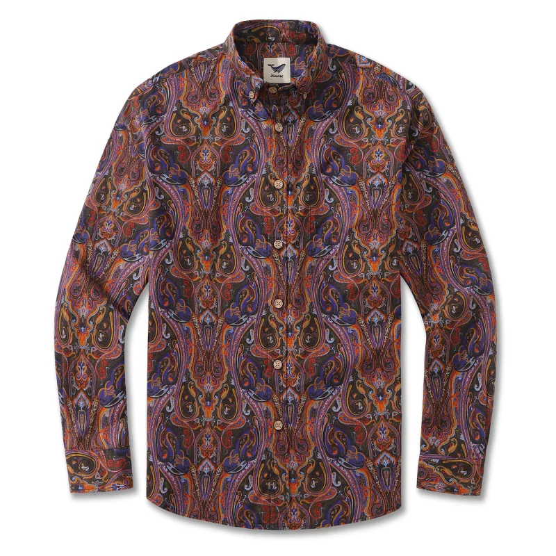 Men's Vintage Hawaiian Shirt Garden Under the Night Sky Cotton Long Sleeve Aloha Shirt sold by Yiume