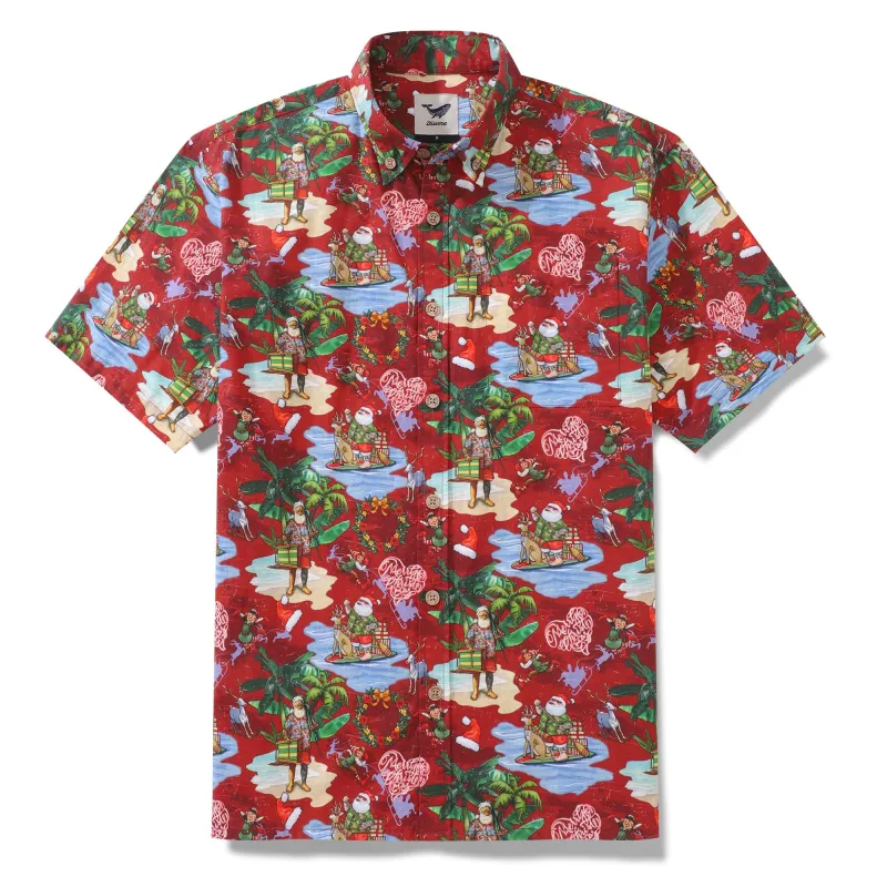Men's Hawaiian Shirt Christmas Santa's Seaside Stop Print Cotton Button-down Short Sleeve Aloha Shirt sold by Yiume