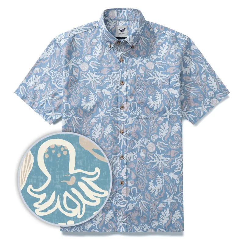Men's Marine Life Shirt 100% Cotton Button-down Blue Hawaiian Shirt Oceanic Shirt for Men sold by Yiume