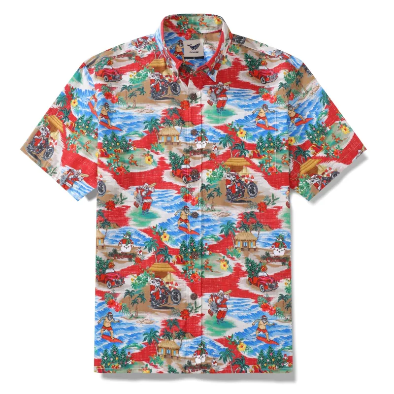 Christmas Santa's Wild Rides: Harley and Surf Men's Button-down Shirt 100% Cotton Santa Claus On A Harley sold by Yiume