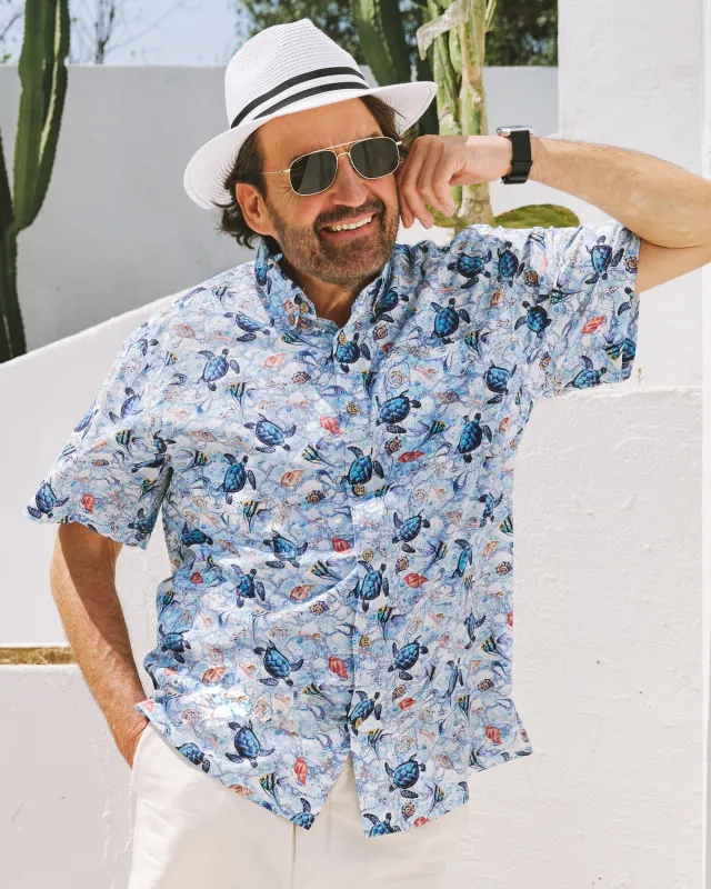 Men's Turtle Shirt Blue Hawaiian Shirt Cotton Button-down Short Sleeve Aloha Shirt A Sea Turtle's Odyssey sold by Yiume