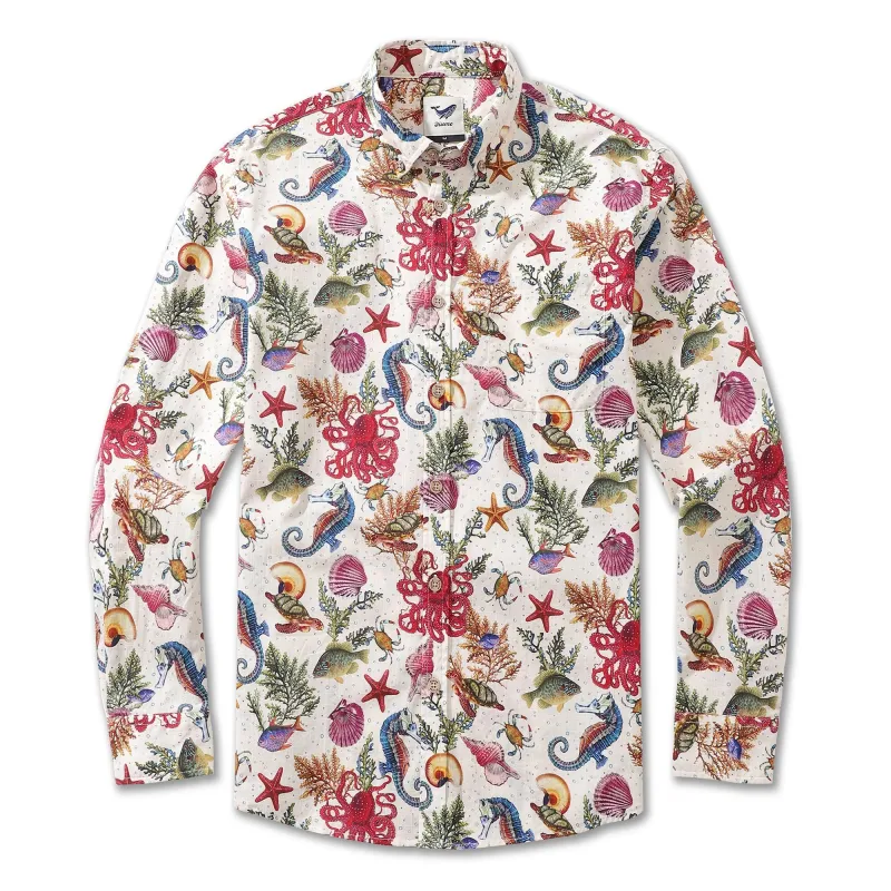 Men's Hawaiian Shirt Marine Life Seahorse Octopus Print Cotton Button-down Long Sleeve Aloha Shirt Marine Life Long Sleeve Shirt sold by Yiume