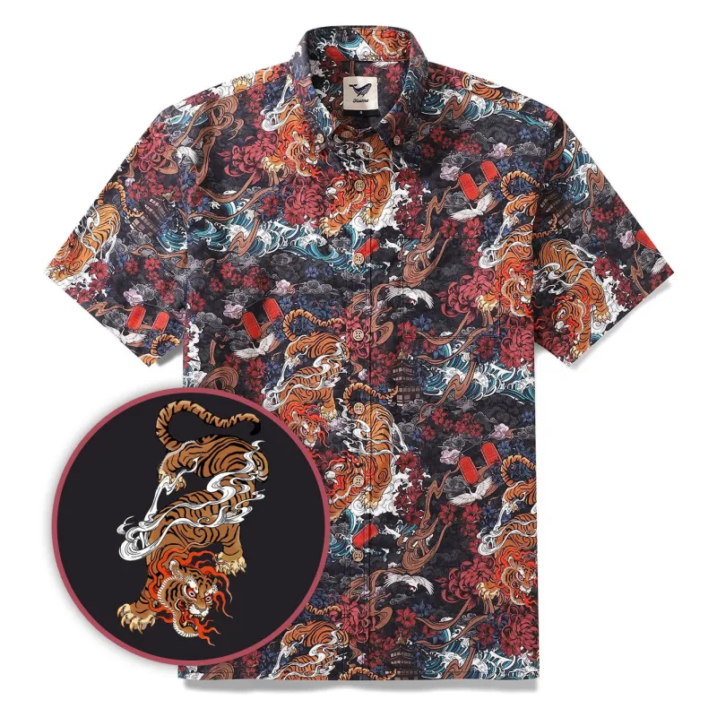 Men's Tiger Shirt 1950s Vintage Hawaiian Shirt For Men Short Sleeve Cotton Aloha Shirt Tiger In The Mist sold by Yiume