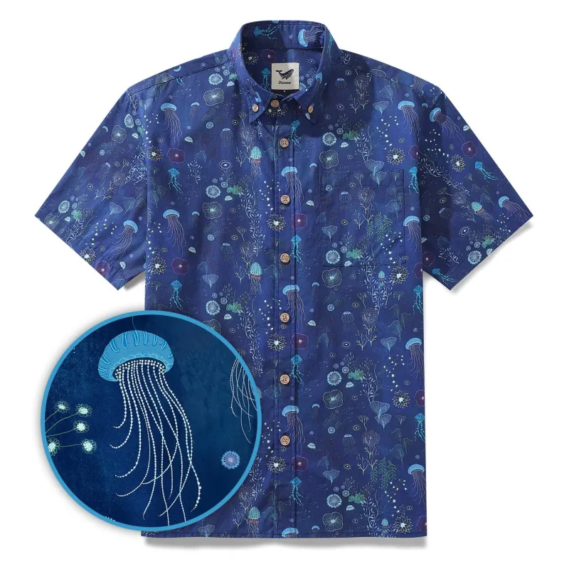 Men's Deep Blue Hawaiian Shirt 100% Cotton Button-down Short Sleeve Jellyfish Aloha Shirt sold by Yiume