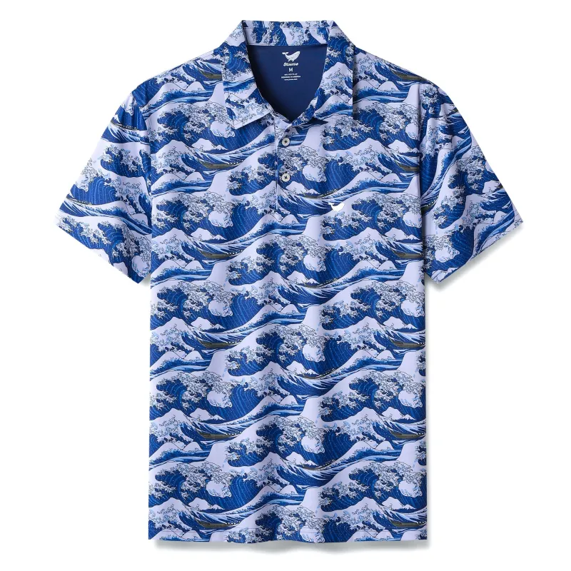 Men's Hawaiian Polo Shirt Ocean Waves Japanese Ukiyo-e Short Sleeve Golf Shirt Japanese Ukiyo-e Polo sold by Yiume