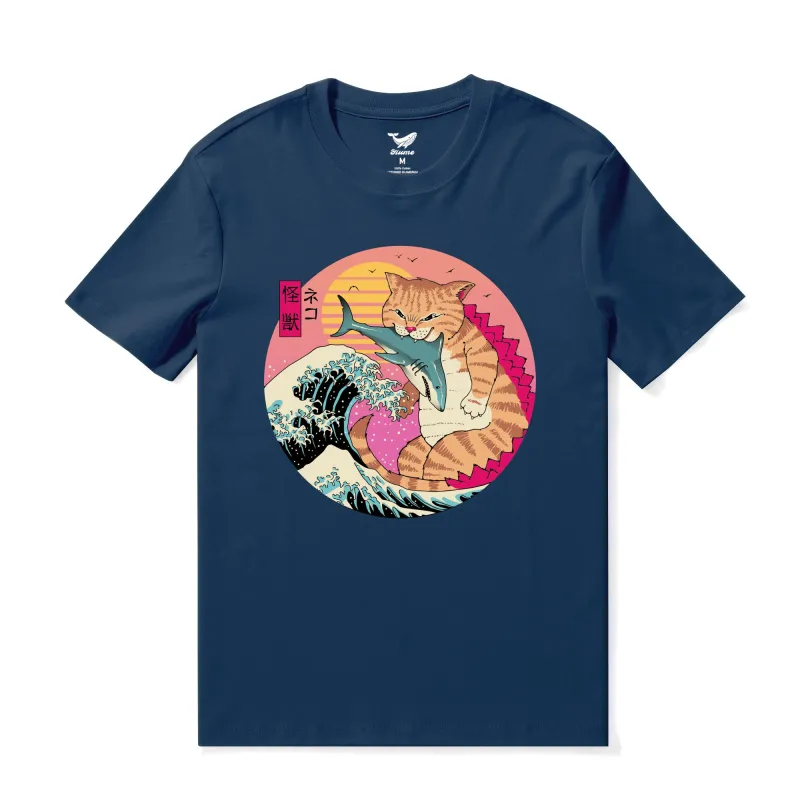 Hawaiian Tee For Men Super CatZilla Tee Crew Neck 100% Cotton - NAVY BLUE Super Catzilla - Navy Blue sold by Yiume
